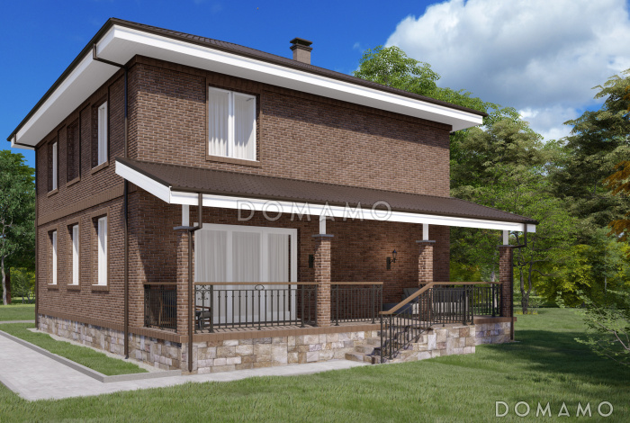 Проект двухэтажного дома с просторными террасой и гостиной-столовой