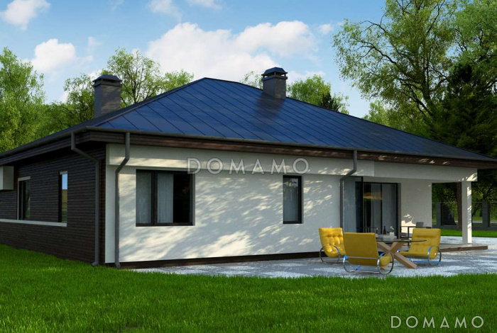 Проект одноэтажного дома из кирпича со стеклянным эркером в более просторной гостиной и гаражом на два автомобиля