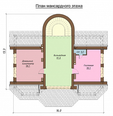 Проект  двухэтажного коттеджа с мансардой, бассейном и кинотеатром / План мансардного этажа