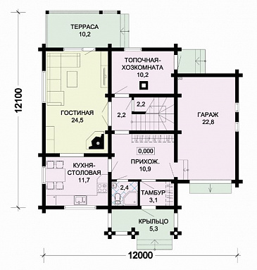 Проект деревянного дома с рациональной планировкой, просторной гостиной и гаражом / План 1 этажа
