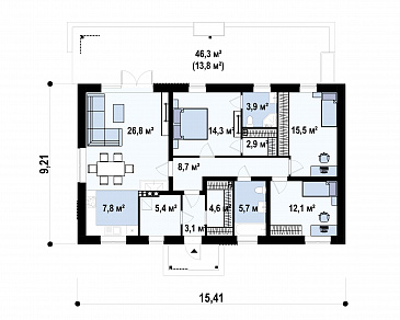 Проект одноэтажного загородного дома с удобной планировкой, мастер-спальней, ванной с окном, террасой / План 1 этажа