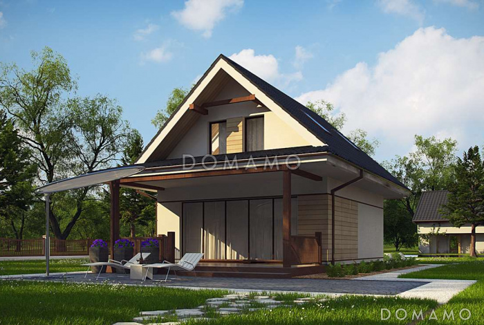 Проект небольшого мансардного дома из кирпича с панорамным остеклением дневной зоны