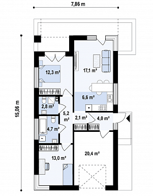 Проект одноэтажного загородного дома небольшой площади с гаражом, двумя спальнями с большими окнами / План 1 этажа