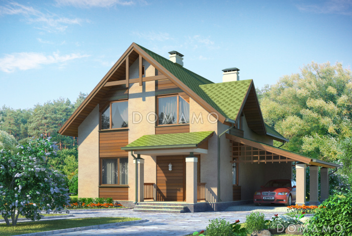 Проект дома из SIP панелей с навесом для автомобиля