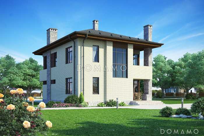 Двухэтажный загородный дом с облицовкой кирпичом, крытой террасой, спальней на первом этаже, двумя балконами