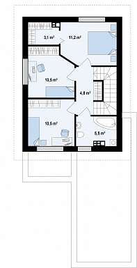 Проект небольшого двухэтажного дома из кирпича с тремя спальнями и балконом, с гаражом / План 2 этажа