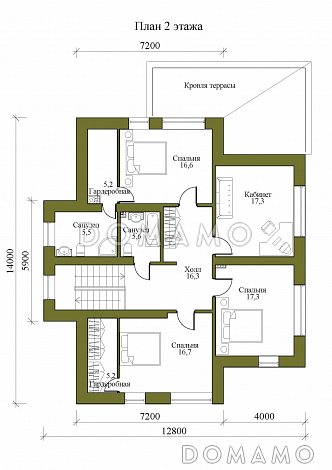 Проект двухэтажного дома с крытой террасой, тремя спальнями и гардеробными / План 2 этажа