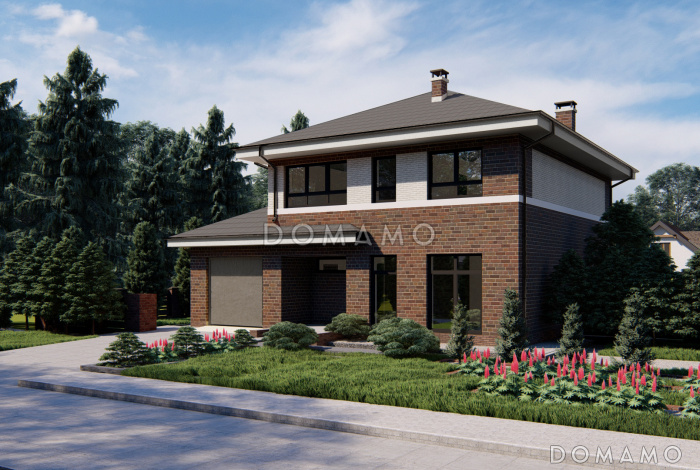 Проект двухэтажного дома с большим санузлом на первом этаже, кабинетом, гаражом на один автомобиль, балконом