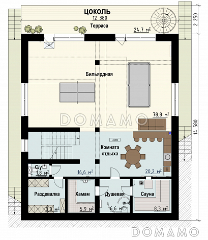 Проект загородного дома в стиле шале с верандой, балконом, сауной, бильярдной / План цокольного этажа