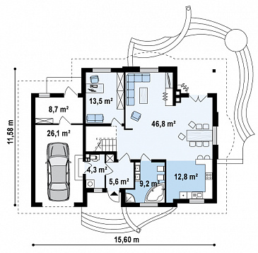 Проект одноэтажного мансардного дома из газобетона с двумя балконами, барбекю на террасе и гаражом  / План 1 этажа