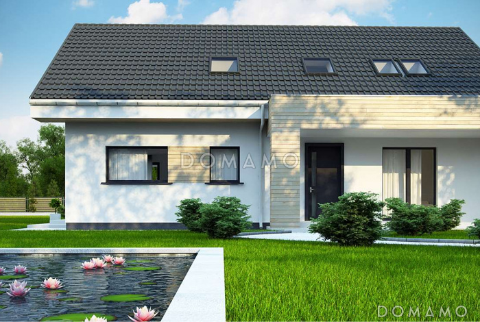 Проект одноэтажного мансардного дома из газобетона с угловой террасой