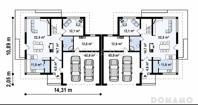 Проект двухэтажных домов-близнецов из кирпича с открытой террасой над большим гаражом / План 1 этажа