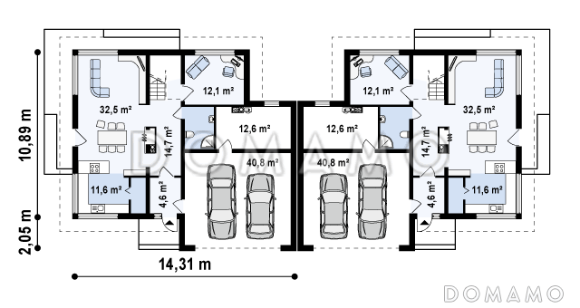 Проект двухэтажных домов-близнецов из кирпича с открытой террасой над большим гаражом / План 1 этажа
