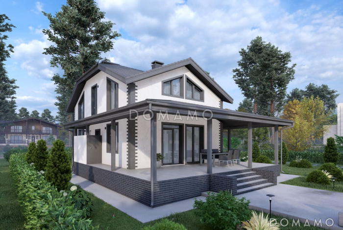 Проект мансардного дома с сауной, летним душем и большой крытой террасой