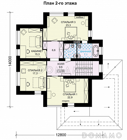 Проект двухэтажного дома из газобетона с окнами в пол в гостиной / План 2 этажа