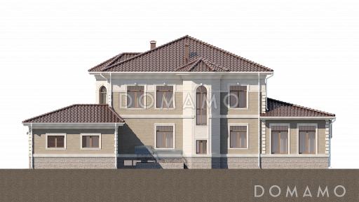 Проект дома со спортзалом, бассейном, бильярдной, просторной обеденной зоной, террасами, гаражом / Фасад 3