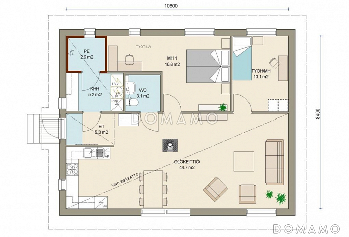 Проект одноэтажного каркасного дома с гостиной совмещенной с кухней / План 1 этажа