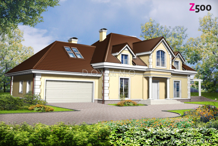 Проект большого одноэтажного мансардного дома из кирпича с просторной гостиной, гаражом и бильярдной