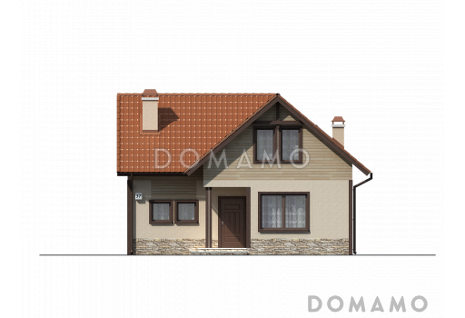 Проект одноэтажного мансардного дома из кирпича с дополнительной спальней на первом этаже / Фасад 1