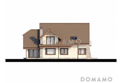 Проект просторного одноэтажного мансардного дома из кирпича с пятью комнатами, балконом и гаражом / Фасад 3