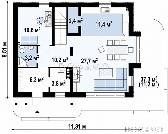 Проект небольшого одноэтажного мансардного дома из газобетона с дополнительной комнатой на первом этаже и панорамным остеклением дневной зоны / План 1 этажа