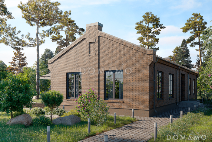 Проект Г-образного дома с 5 комнатами, просторной гостиной-столовой и террасой