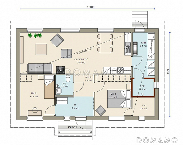 Проект одноэтажного каркасного дома с подсобным помещением / План 1 этажа