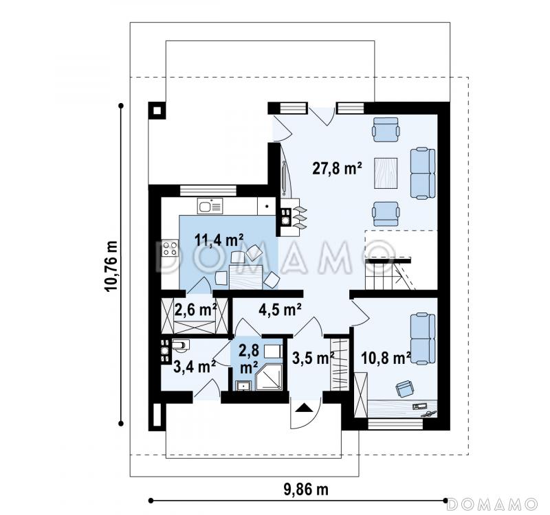 Проект одноэтажного мансардного дома из газобетона с дополнительной спальней на первом этаже  / План 1 этажа