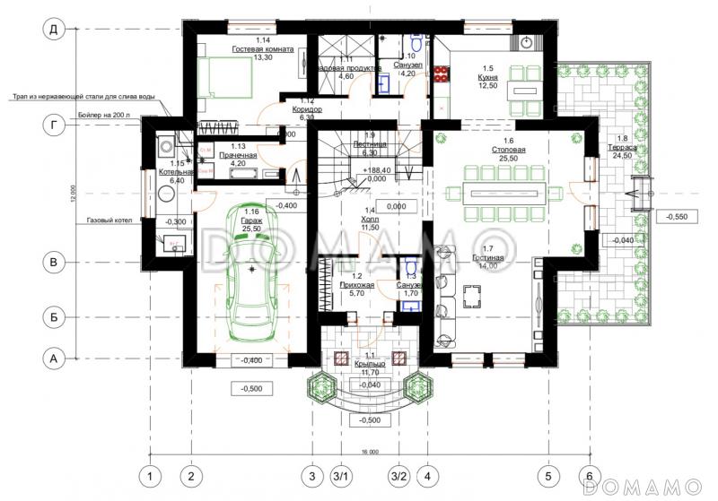 Проект особняка в классическом стиле с 5 спальнями, гаражом и открытой террасой / План 1 этажа