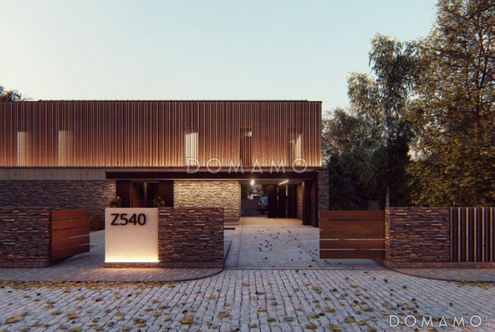 Проект двухэтажного дома с гаражом, кладовой, гардеробной в прихожей, кабинетом, хозяйской спальней