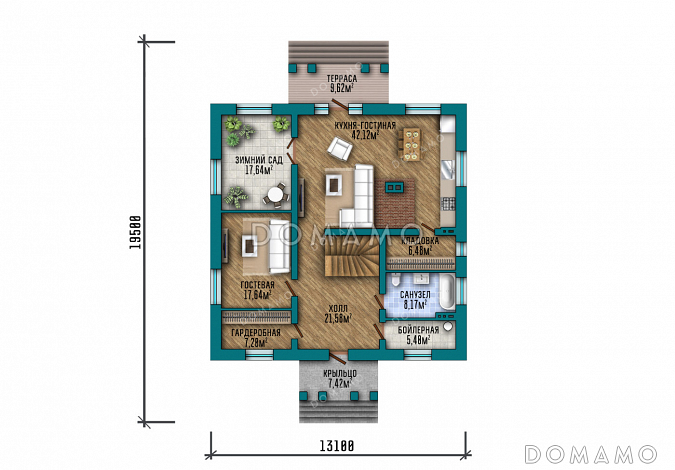 Проект дома с 3 спальнями, зимним садом и кладовой на кухне / План 1 этажа