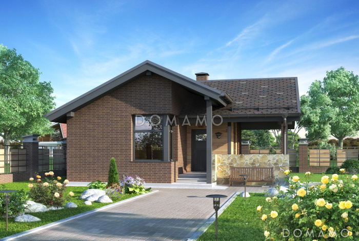 Проект бани с крытой террасой, просторной комнатой отдыха, дровником