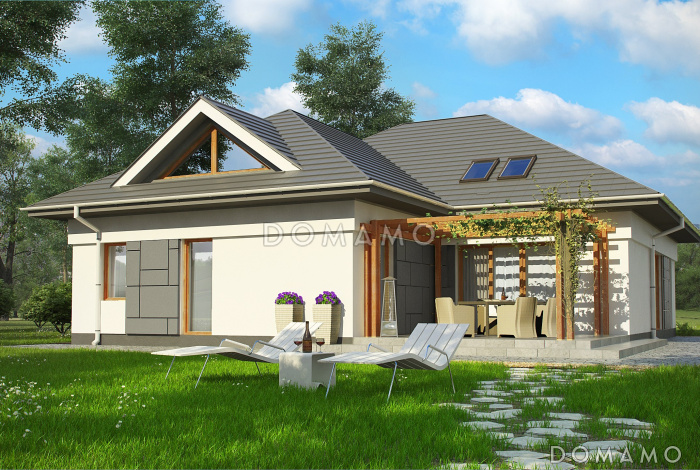 Проект просторного одноэтажного мансардного дома из газобетона с кабинетом, спальнями на обоих этаж и гаражом на два автомобиля 