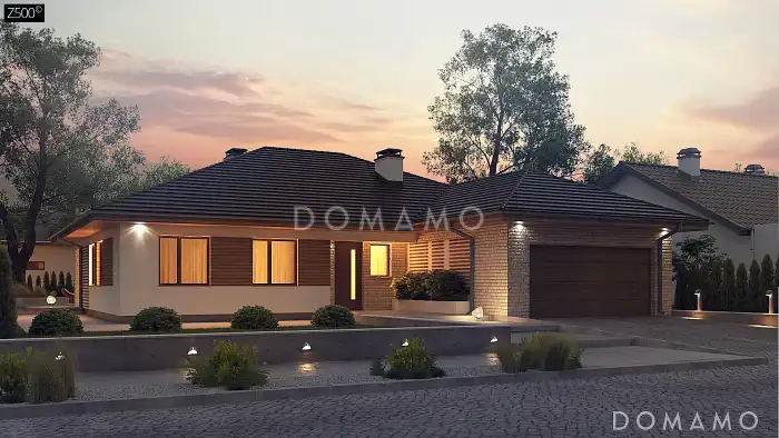 Проект одноэтажного кирпичного дома с гаражом на 2 автомобиля и подвалом