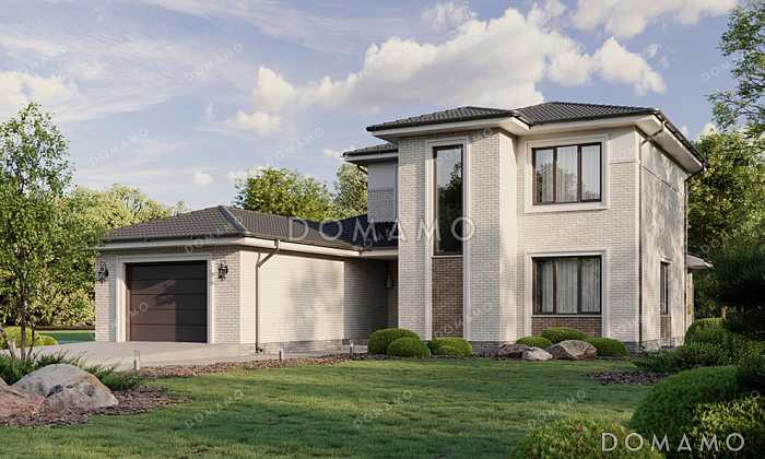 Проект дома с гаражом на две машины, сауной и тремя спальнями