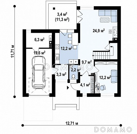 Проект загородного дома с подвалом, гаражом, террасой, балконом / План 1 этажа