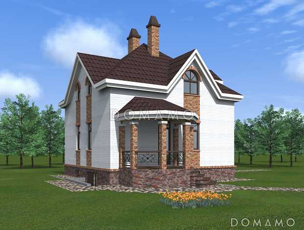 Проект квадратного  коттеджа  со входом с угла, террасой и подвалом.