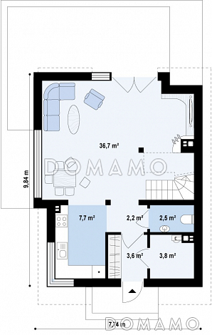 Проект компактного одноэтажного мансардного дома из газобетона с просторной светлой гостиной / План 1 этажа