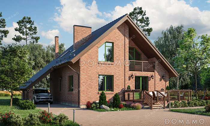 Проект дома с мансардой, двумя террасами и навесом для машины