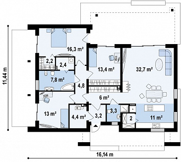 Проект современного одноэтажного дома из газобетона с тремя спальнями и необычными элементами дизайна / План 1 этажа