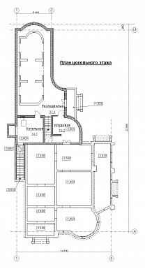 Проект коттеджа с двусветной гостиной и бассейном с сауной / План цокольного этажа
