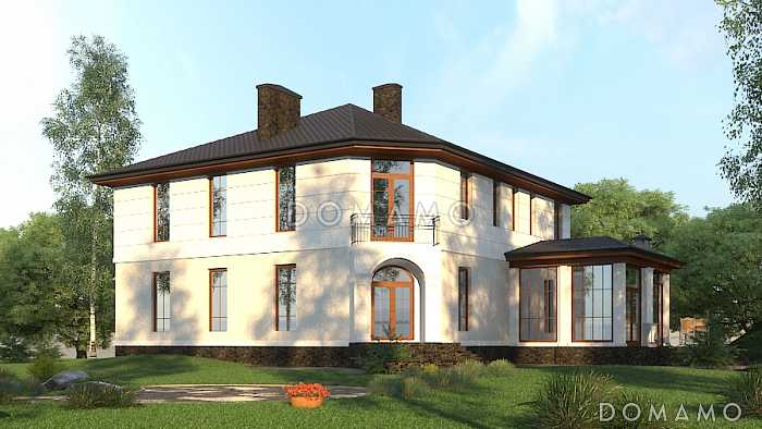 Проект дома с входом с угла здания, террасами, кладовой в кухне, сауной, хозяйской спальней и детскими