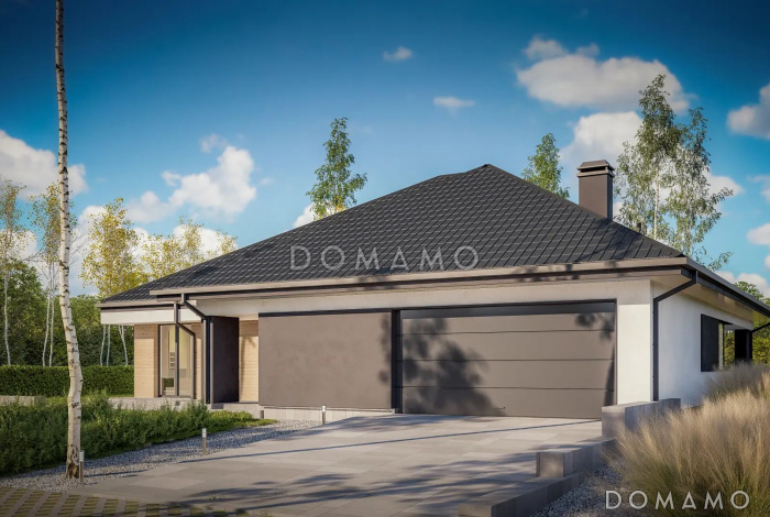 Проект кирпичного дома с мастер-спальней, террасой и гаражом