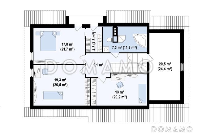 Проект одноэтажного мансардного дома из кирпича со встроенным гаражом и угловой террасой / План мансардного этажа