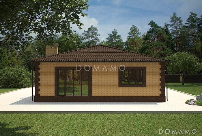 Проект дома с террасой и небольшой верандой, кухней-гостиной и тремя спальнями