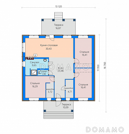 Проект загородного дома с террасами, просторной кухней-столовой без перегородки с холлом / План 1 этажа