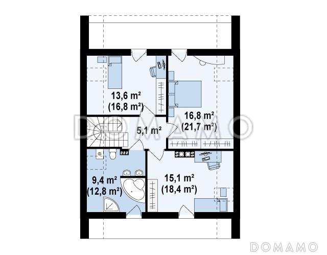 Проект одноэтажного мансардного дома из газобетона с балконом и современными элементами экстерьера  / План мансардного этажа