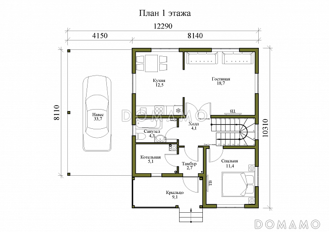 Проект двухэтажного каркасного дома с навесом и балконом / План 1 этажа