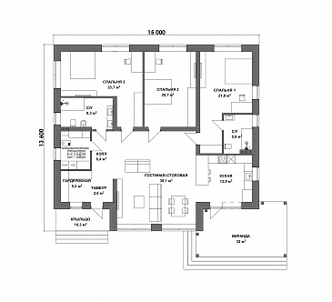 Проект дома из газобетона с мансардным этажом, верандой и 3 спальнями / План 1 этажа