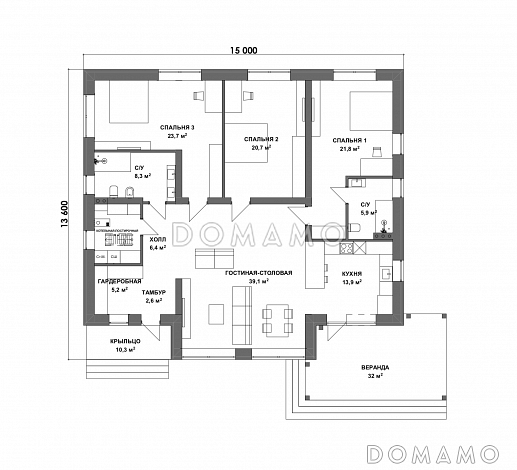 Проект дома из газобетона с мансардным этажом, верандой и 3 спальнями / План 1 этажа